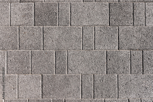 The surface of a path or wall made of gray textured bricks of different sizes. View from above.