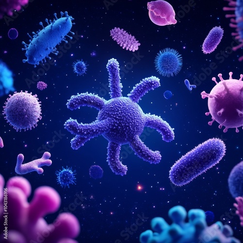 A microscopic view of various bacteria and viruses floating in a dark blue background.