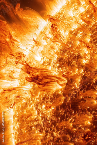 astronomical image of the sun with massive protuberances erupting from the surface, plasma, intense yellow and orange flares, fire, flames, sunspots, photorealistic photo