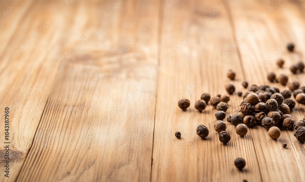 Black peppercorns scattered on a wooden table with copy space. Black peppercorns scattered on a wooden table with copy space.