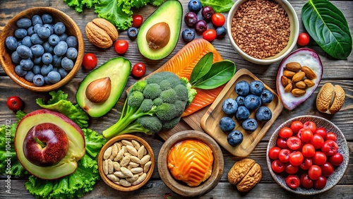 Panoramic Photography of Healthy Brain Foods in Flat Design - Nuts, Berries, Fatty Fish, Leafy Greens, Whole Grains, Avocados, Eggs, Dark Chocolate, Turmeric, and More