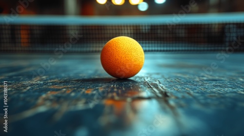 In a cozy indoor sports area, an orange ping pong ball is centered on a weathered wooden table, illuminated by warm overhead lights, ready for action.