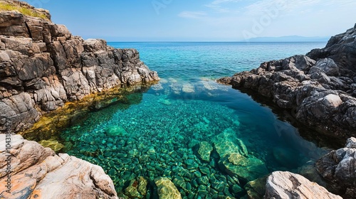 Crystalclear tidal pools in a hidden beach cove, rocky cliffs surrounding the calm ocean, peaceful coastal retreat, tidal pools, natural wonder