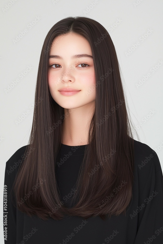 Portrait of a Young Woman with Sleek Straight Hair and a Natural Look in a Minimalist Studio Setting Portrait of a Young Woman with Sleek Straight Hair and a Natural Look in a Minimalist Studio Setting