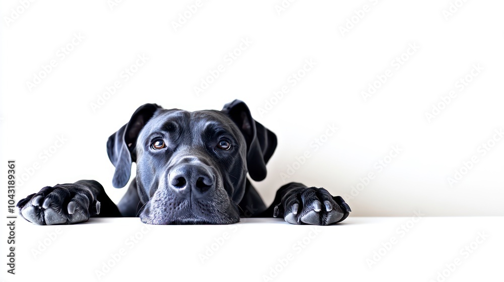 A black dog resting its head on a surface, looking curiously at the viewer. A black dog resting its head on a surface, looking curiously at the viewer.