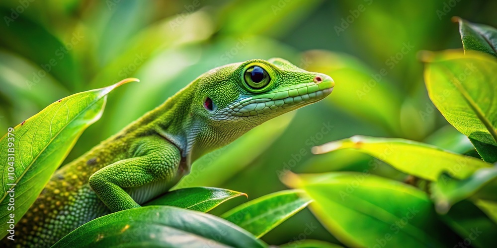 Hidden gecko camouflaged in green leaves Hidden gecko camouflaged in green leaves