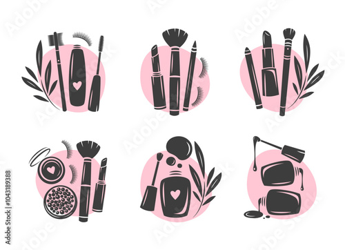 Set of elements and icons for beauty salon. Nail polish, nail brush, makeup tools, cosmetic brushes, lipstick, eyelash extension, brows. Vector illustrations for banner, cover, marketing.