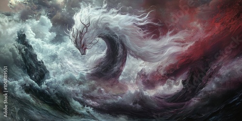 A mythical beast emerges from swirling clouds, its white form a contrast to the dark, stormy sky.