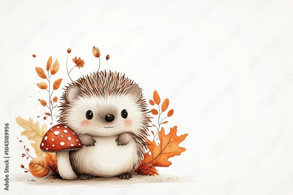 autumn-themed doodle featuring a hedgehog with a mushroom on its back against a white backdrop, exuding cuteness autumn-themed doodle featuring a hedgehog with a mushroom on its back against a white backdrop, exuding cuteness
