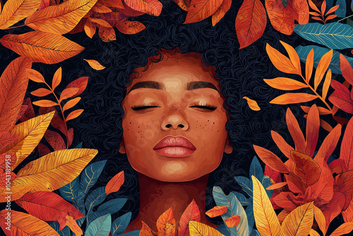 Serene young woman relaxing surrounded by colorful autumn leaves photo