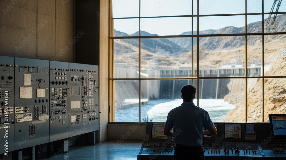 Fototapeta premium A person observing a large dam through a control room window, surrounded by control panels and a scenic, mountainous landscape.