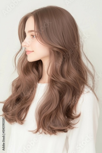 Side profile portrait of a young woman with long wavy hair and natural beauty wearing a white outfit