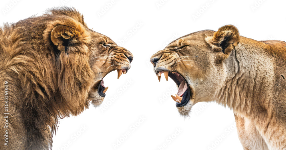 Fototapeta premium A close-up of angry male and female lions roaring at each other, isolated on a transparent background with a clipping path in a full-body portrait view.