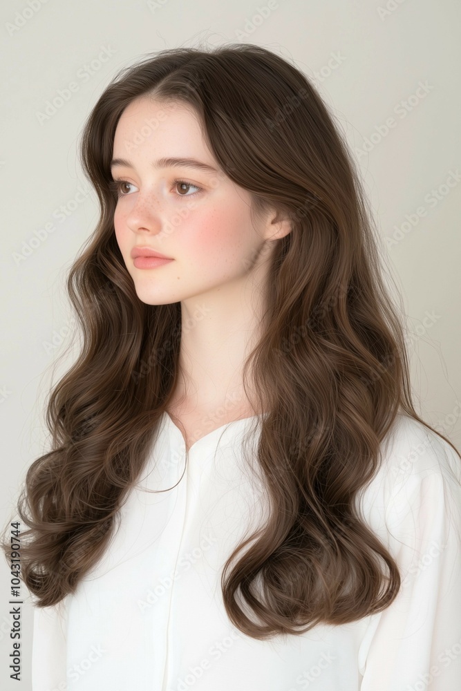 Side profile portrait of a young woman with long wavy hair and natural beauty wearing a white outfit Side profile portrait of a young woman with long wavy hair and natural beauty wearing a white outfit