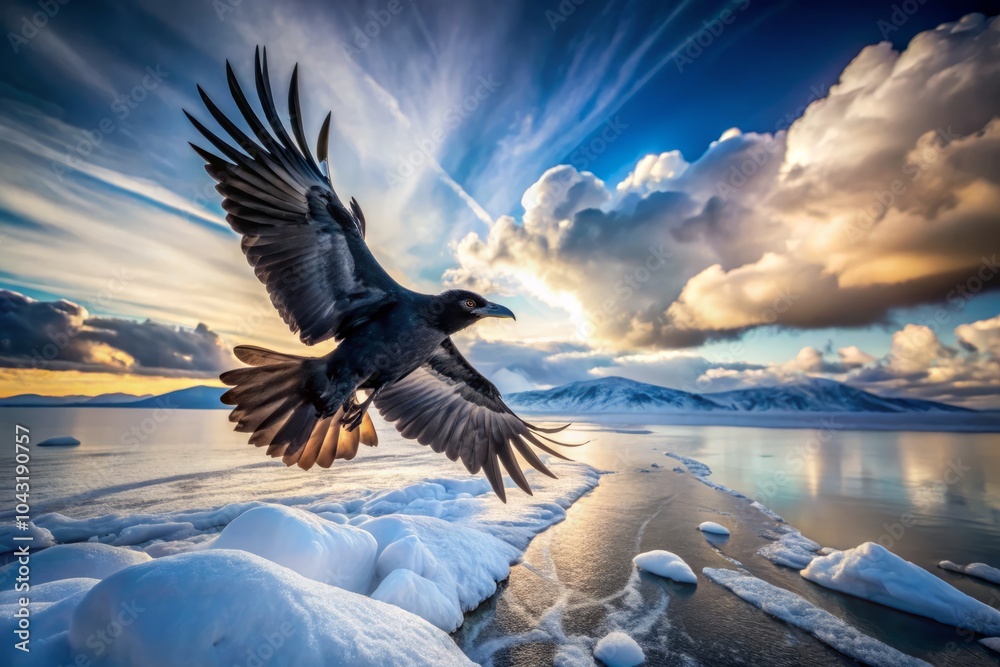 Obraz premium Raven in Flight Over Frosted Wilderness: Captivating Candid Photography of a Bird Gliding Across a Chilling Frozen Landscape, Nature's Beauty Captured in Stunning Detail