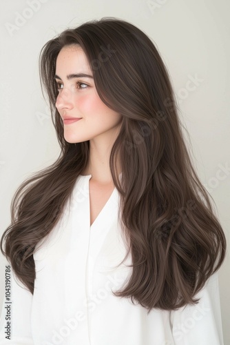 Side profile portrait of a young woman with long wavy hair and natural beauty wearing a white outfit