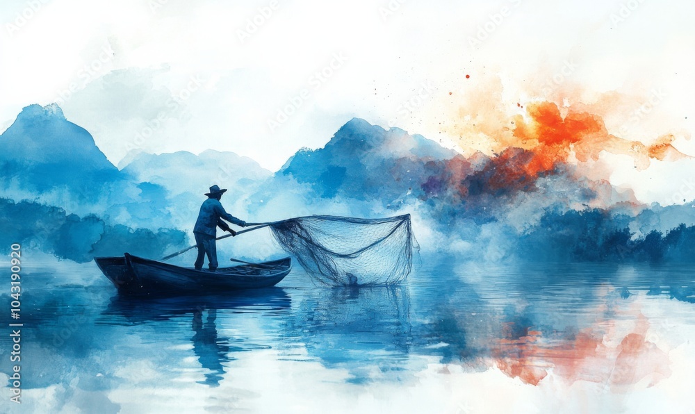 Watercolor fisherman casting a net from a boat, natural and serene, 3D illustration Watercolor fisherman casting a net from a boat, natural and serene, 3D illustration