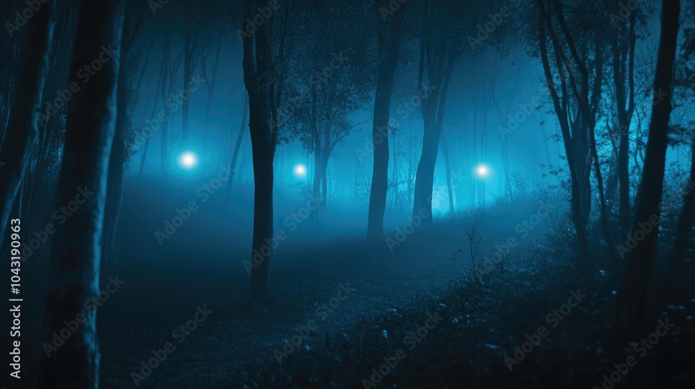 Obraz premium Foreboding Atmosphere: Misty Forest with Ghostly Beacons