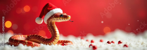 Festive snake wearing a Santa hat is surrounded by snow and red Christmas decorations, set against a bright red background photo