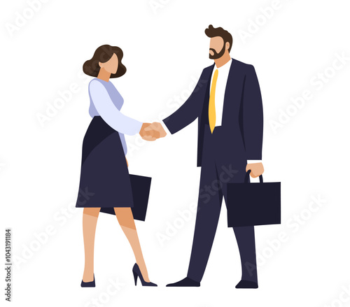 Businessmen shaking hands, man and woman made a business deal, negotiation concept, contract conclusion, successful cooperation, teamwork. Flat vector illustration.