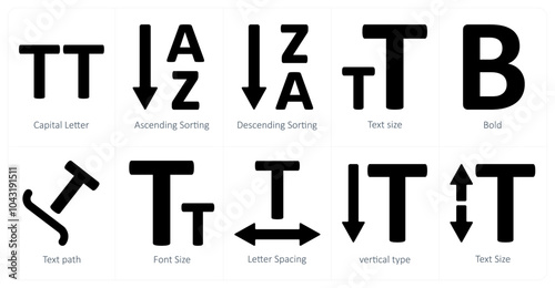 A set of 10 editing tools icons as capital letter, ascending sorting, descending sorting