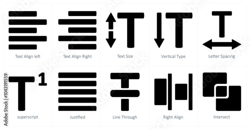 A set of 10 editing tools icons as text align left, text align right, text size