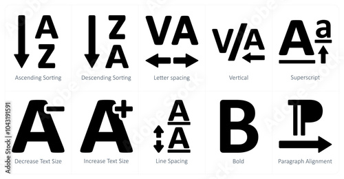 A set of 10 editing tools icons as ascending sorting, descending sorting, letter spacing