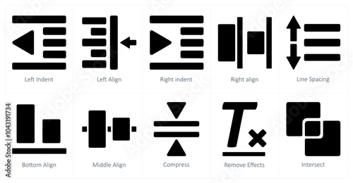 A set of 10 editing tools icons as left indent, left align, right indent