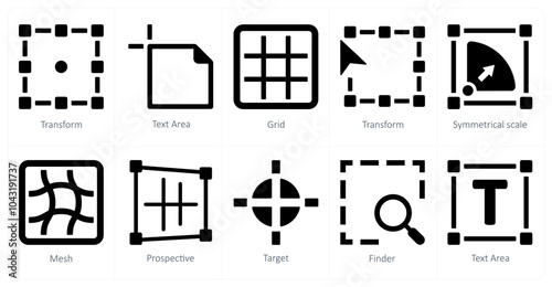 A set of 10 editing tools icons as transform, text area, grid