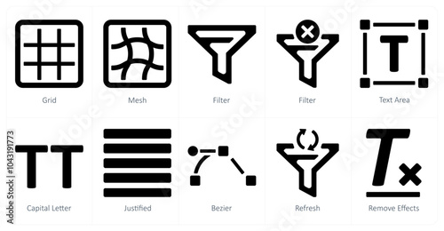 A set of 10 editing tools icons as grid, mesh, filter