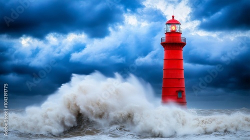 A red lighthouse stands tall against a dramatic stormy sea, with crashing waves and a dark, stormy sky. photo