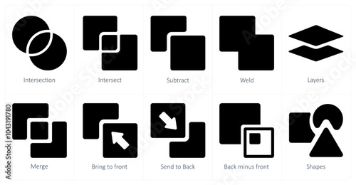 A set of 10 editing tools icons as intersection, intersect, subtract