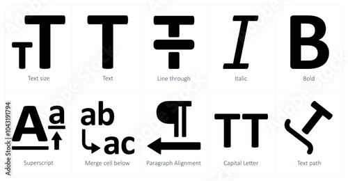 A set of 10 editing tools icons as text size, text, line through, italic