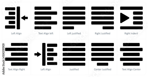 A set of 10 editing tools icons as left align, text align left, left justified