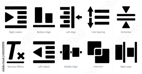 A set of 10 editing tools icons as right indent, bottom align, left align