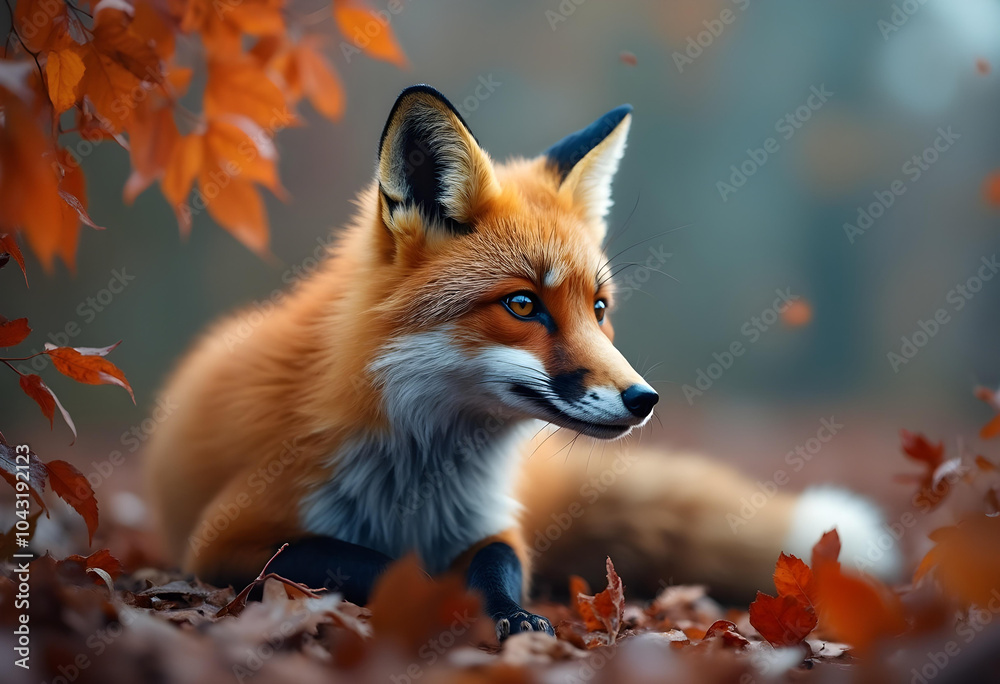 beautiful red fox resting among autumn leaves, showcasing its vibrant fur and expressive eyes beautiful red fox resting among autumn leaves, showcasing its vibrant fur and expressive eyes