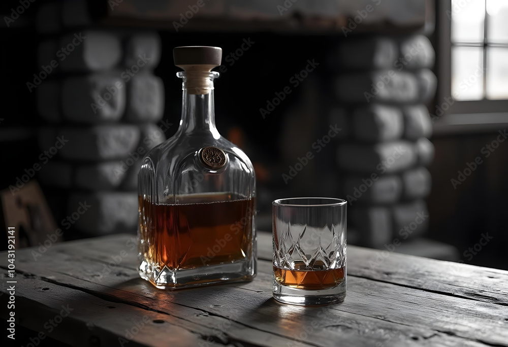 bottle of whiskey and glass on rustic wooden table, creating warm atmosphere bottle of whiskey and glass on rustic wooden table, creating warm atmosphere
