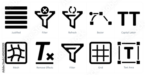 A set of 10 editing tools icons as justified, filter, refresh