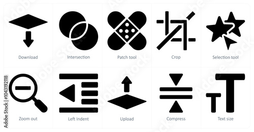 A set of 10 editing tools icons as download, intersection, patch tool photo