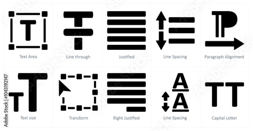 A set of 10 editing tools icons as text area, line through, justified