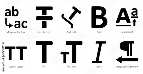 A set of 10 editing tools icons as merge cell below, line through, taxt path