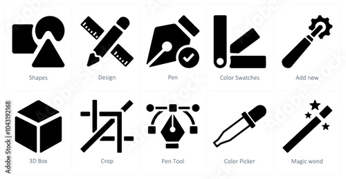 A set of 10 editing tools icons as shapes, pen, color swatches