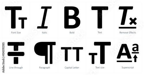 A set of 10 editing tools icons as font size, italic, bold