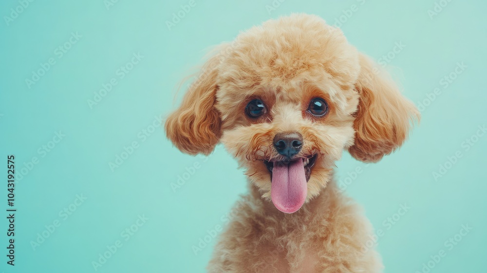 Cute poodle dog smiles on blue background. Perfect for pet care, dog food, and happy pet themes. Cute poodle dog smiles on blue background. Perfect for pet care, dog food, and happy pet themes.