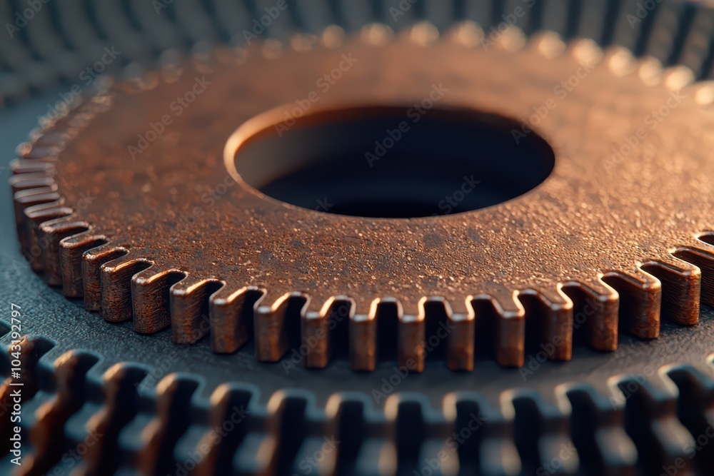 Close-Up of Interlocking Gear Teeth in Motion, Showcasing Enhanced Efficiency in a Complex Mechanism. Close-Up of Interlocking Gear Teeth in Motion, Showcasing Enhanced Efficiency in a Complex Mechanism.