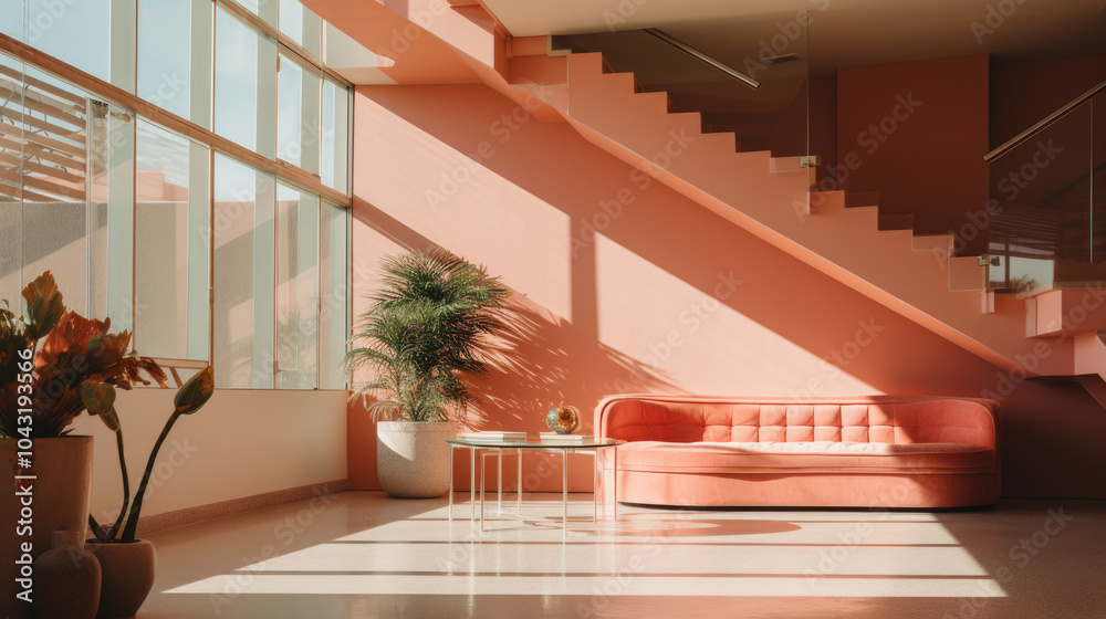 Fototapeta premium Modern pink lounge with a sofa, plants, and sunlight in a stylish interior