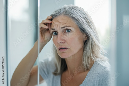 Elderly woman looking concerned in mirror, facial expression of surprise, concept of aging
