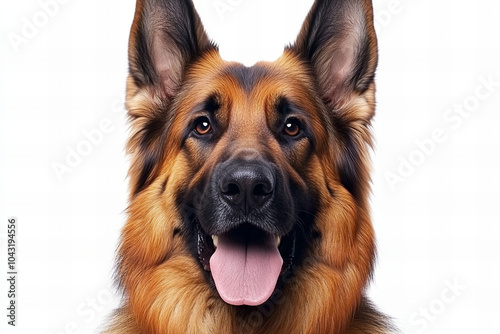 German Shepherd Dog Relaxing on White Background with Ample Copy Space for Text, Showcasing its Friendly and Loyal Expression