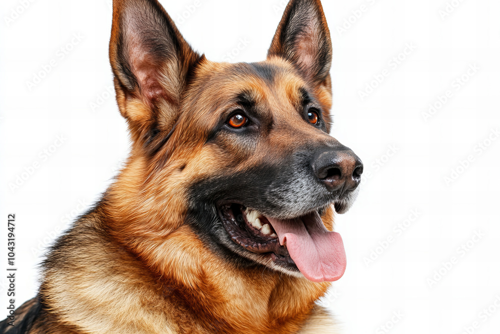 German Shepherd Dog Relaxing on White Background with Ample Copy Space for Text, Showcasing its Friendly and Loyal Expression German Shepherd Dog Relaxing on White Background with Ample Copy Space for Text, Showcasing its Friendly and Loyal Expression