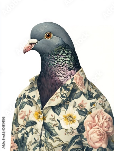 Female pigeon in a fashionable button-up blouse on a white background. photo